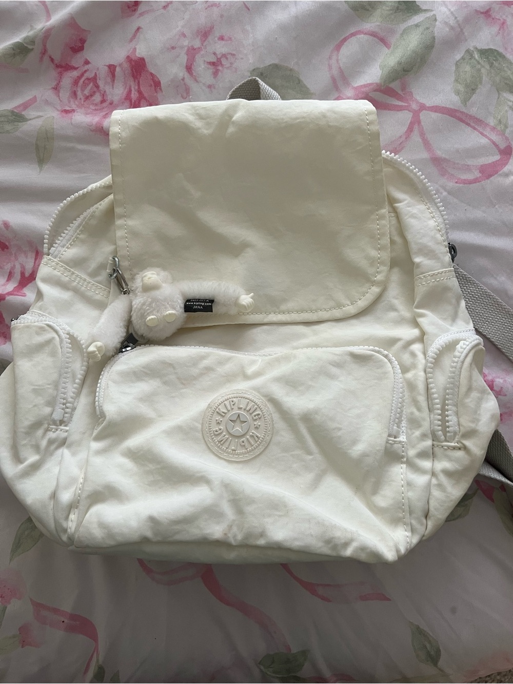 Kipling Cream Nylon Mini Backpack with Monkey Charm